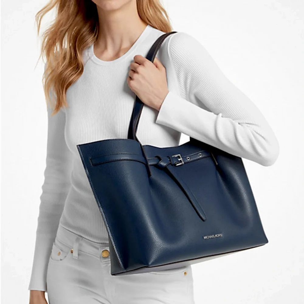 MICHAEL KORS Emilia Large Pebbled Leather Tote Bag NAVY COLOR